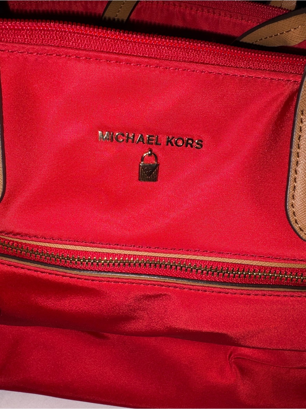 Michael Kors Red Shoulder Bag with Tan Trim and Gold Hardware